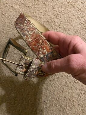 Absolutely Fresh Orange and Gold Metallic Patterned Women's Belt with Stud Trim